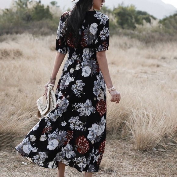 boho floral print vneck slit black midi dress Blue - Picture 5 of 11